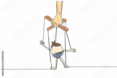 Single one line drawing hand holding hand puppet of an employee or a politician. A satirical performance. Folk entertainment. National Day of Puppetry. Continuous line design graphic illustration