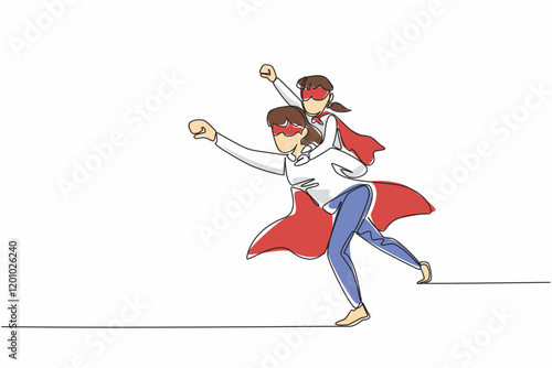 Single one line drawing mother carries her daughter on her back and poses as if she wants to fly. Will eradicate germs in the house. Autism Super Mom Day. Continuous line design graphic illustration