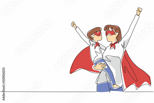 Single continuous line drawing a mother holding her daughter and both raising their hands. Play superheroes at home. Cheer each other up. Autism Super Mom Day. One line design vector illustration