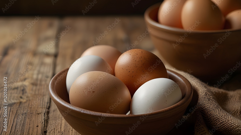 Farm Fresh Organic Eggs in Rustic Brown Ceramic Bowl V5 Farm Fresh Organic Eggs in Rustic Brown Ceramic Bowl V5