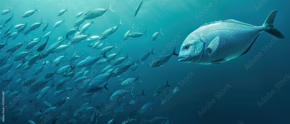 Naklejka premium Underwater scene with a large fish among a school of smaller fish.