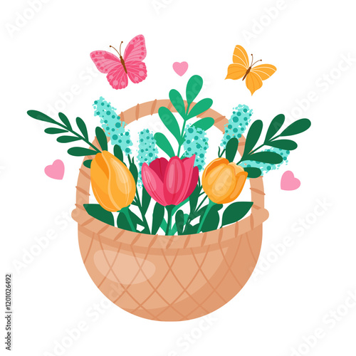 A beautiful and colorful floral basket adorned with butterflies and lush greenery