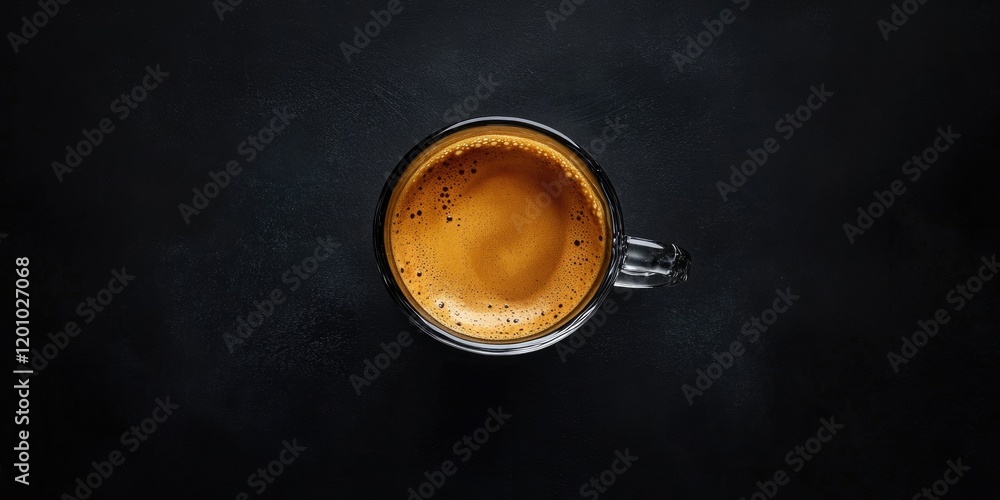 Glass cup of fresh coffee centered on dark black background with rich brown liquid showcasing a minimalist flat lay design and ample copy space Glass cup of fresh coffee centered on dark black background with rich brown liquid showcasing a minimalist flat lay design and ample copy space