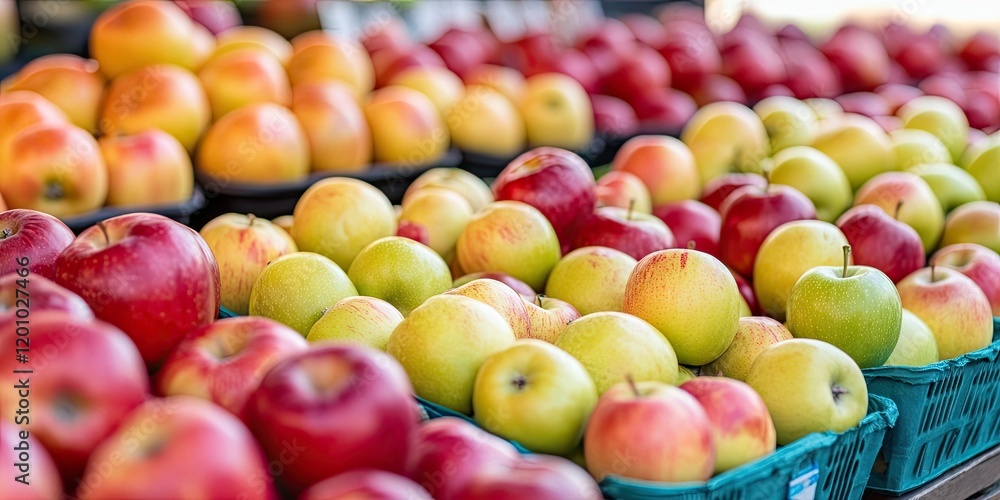 Colorful display of fresh ripe apples in varying shades of red and green arranged in baskets at a bustling farmers market under bright sunlight. Colorful display of fresh ripe apples in varying shades of red and green arranged in baskets at a bustling farmers market under bright sunlight.