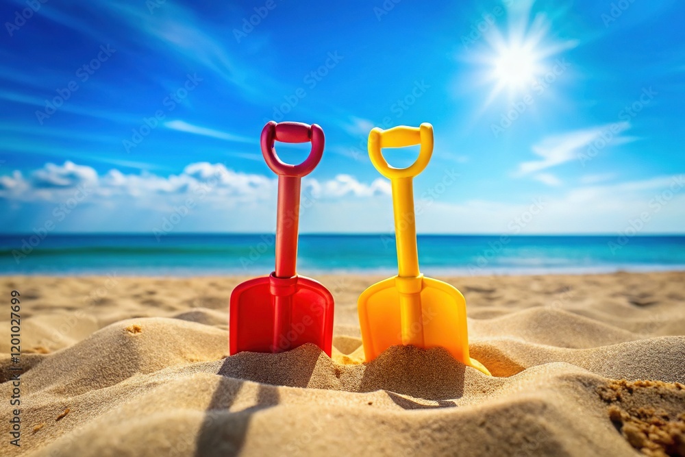Sunny Beach Scene with Two Small Plastic Shovels Stuck in Sand Sunny Beach Scene with Two Small Plastic Shovels Stuck in Sand