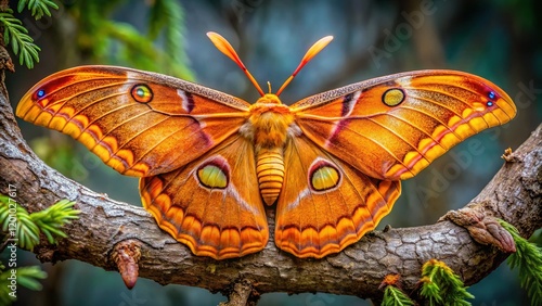 Stunning Orange Chinese Oak Silkmoth (Antheraea pernyi) Close-Up â€“  Southeast Asia Insect Macro Photography photo