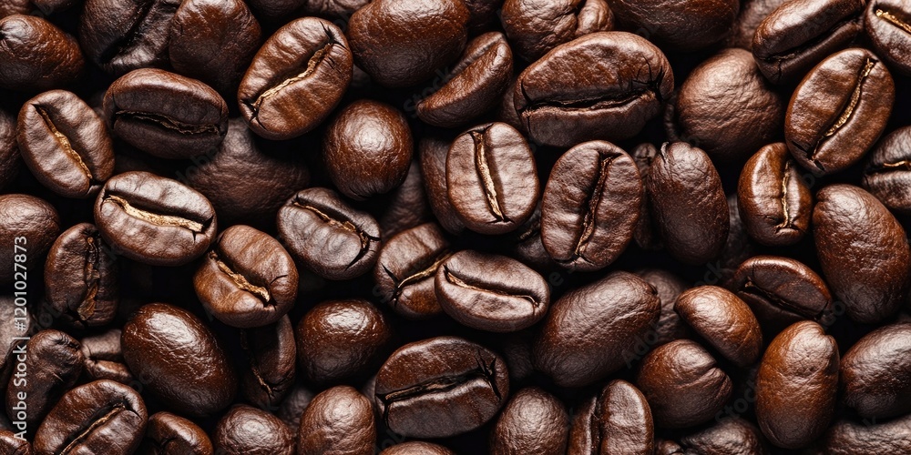Fototapeta premium Detailed close-up of rich dark brown roasted coffee beans scattered uniformly across the frame, highlighting their glossy surfaces and textures.