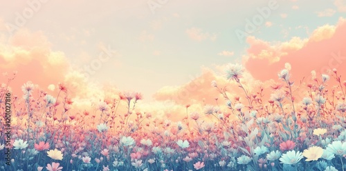 Pastel Flower Field Underneath a Cloudy Sunset Sky