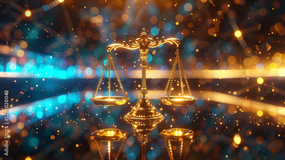 Obraz premium Golden scales of justice glowing against a bokeh background