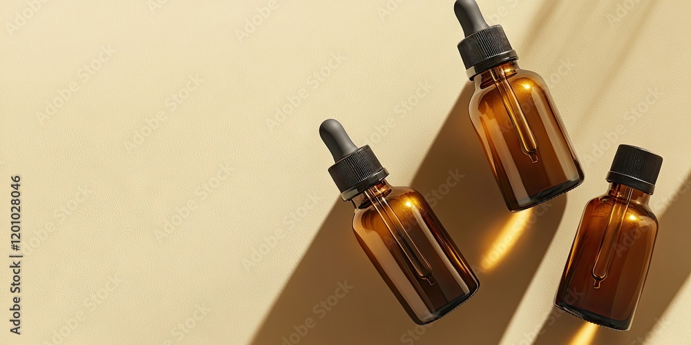 Amber glass dropper bottles on a beige background casting shadows with top view perspective and ample negative space for text overlay. Amber glass dropper bottles on a beige background casting shadows with top view perspective and ample negative space for text overlay.