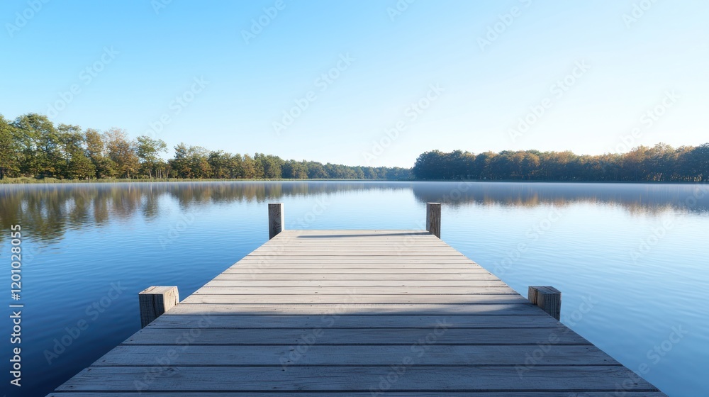 Naklejka premium Serene lakeside view with a wooden dock extending into calm waters.