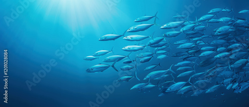 Underwater scene with a school of fish swimming in blue ocean waters.