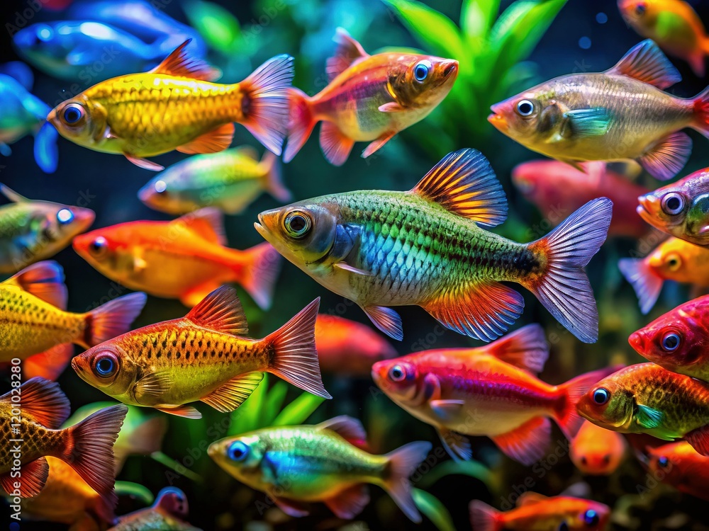 Vibrant Freshwater Fish: Close-Up Aquarium Barbs Night Photography Vibrant Freshwater Fish: Close-Up Aquarium Barbs Night Photography