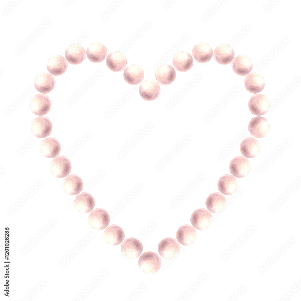Obraz premium Pearl heart frame Watercolor hand drawn illustration. Coquette pink girl style pearly template for Valentines Day, wedding, birthday greeting, invitation card. Love symbol. Isolated from background