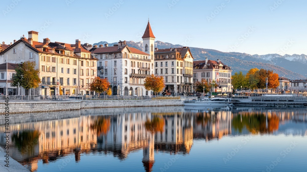 Scenic lakeside view of charming buildings reflecting in water. Scenic lakeside view of charming buildings reflecting in water.