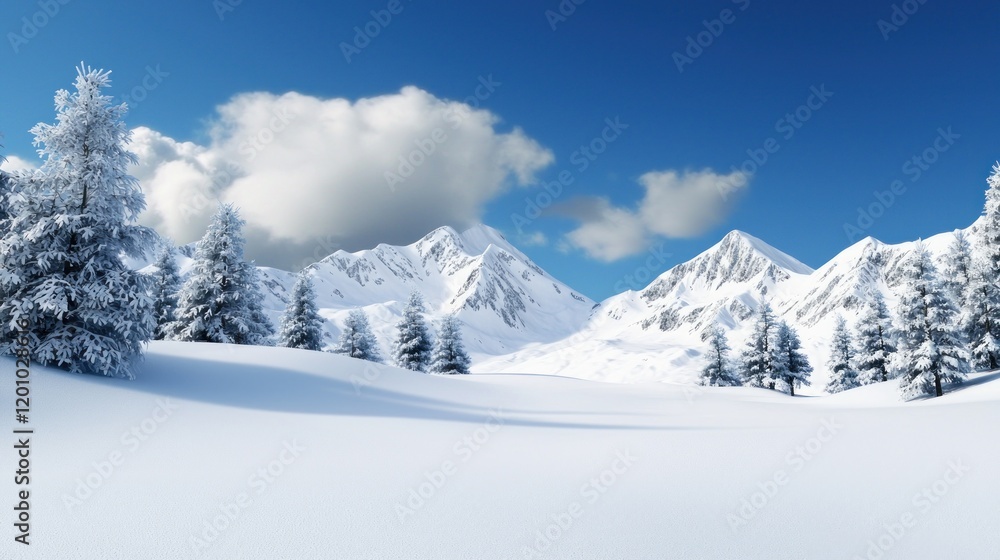 A serene winter landscape with snow-covered mountains and trees. A serene winter landscape with snow-covered mountains and trees.