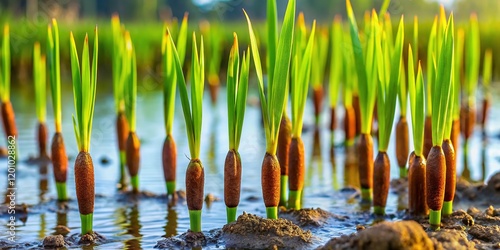 Young Cattail Plants Emerging in Swamp, Typha Angustifolia, Monocot Weed photo