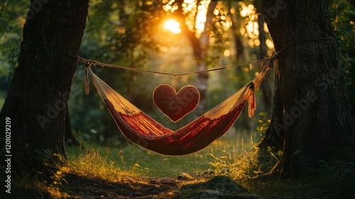 Cozy hammock with love symbol at sunset.