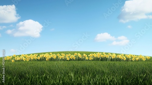 A vibrant field of yellow flowers under a clear blue sky.