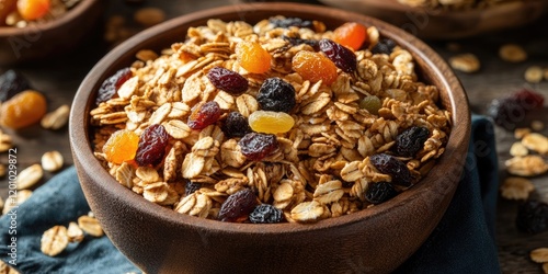 Nutritious granola mix in a wooden bowl with dried fruits including raisins and apricots placed on a dark rustic table with scattered oats around photo