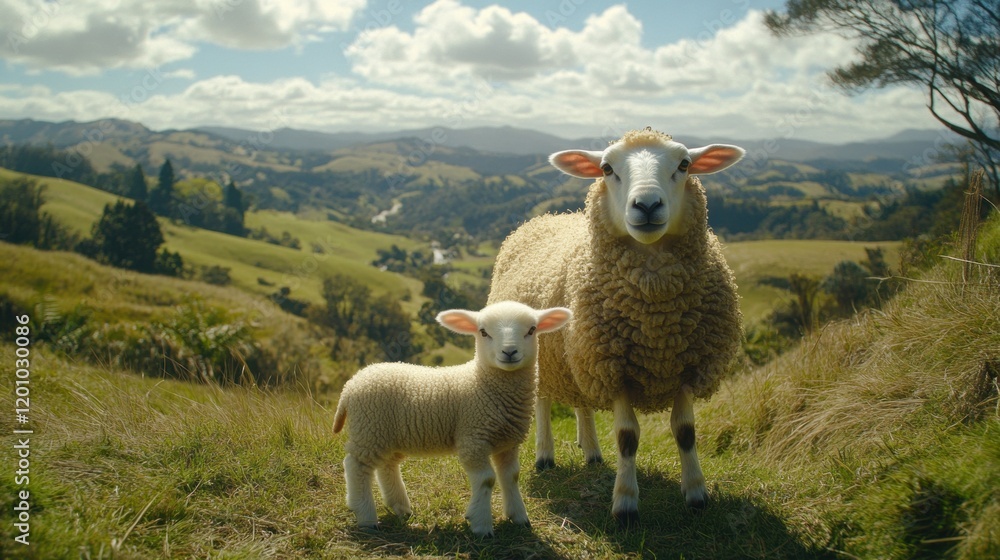 Fototapeta premium Sheep and Lamb Standing Together in Scenic Green Pasture Landscape