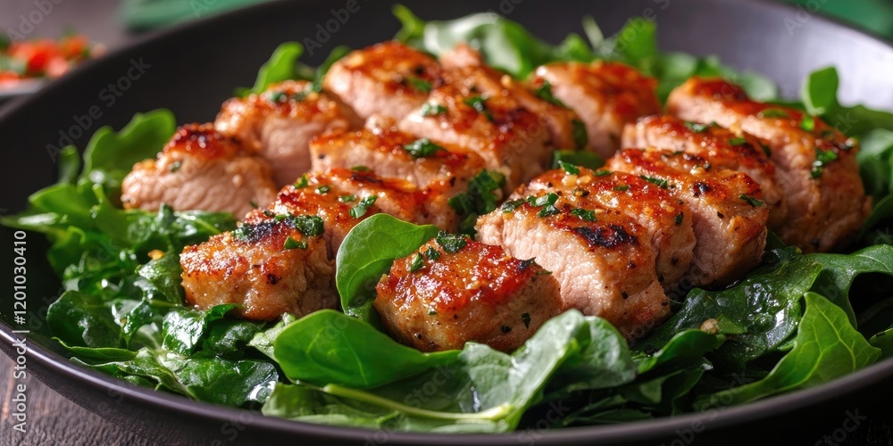 Garlic sautéed pork medallions arranged on vibrant leafy greens in a dark plate with a rustic wooden background highlighting the dish's textures Garlic sautéed pork medallions arranged on vibrant leafy greens in a dark plate with a rustic wooden background highlighting the dish's textures