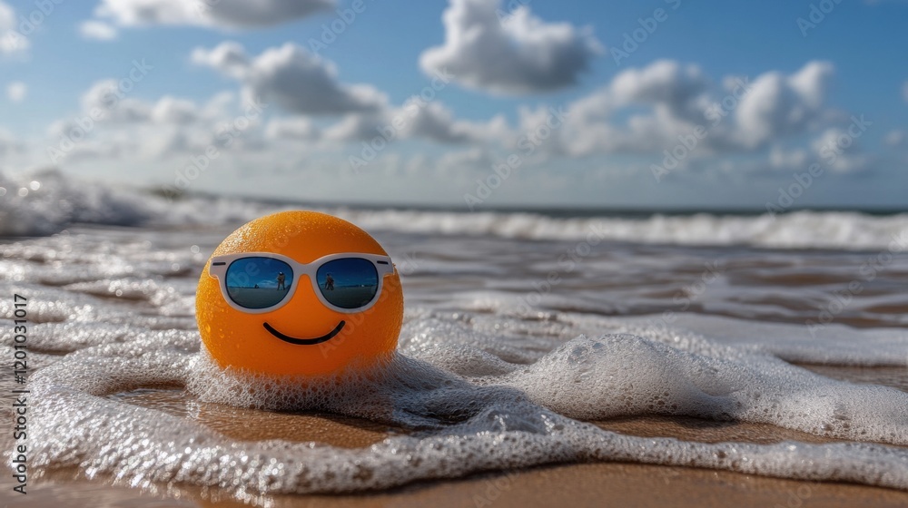 Naklejka premium Smiling emoji ball with sunglasses at the beach on a sunny day