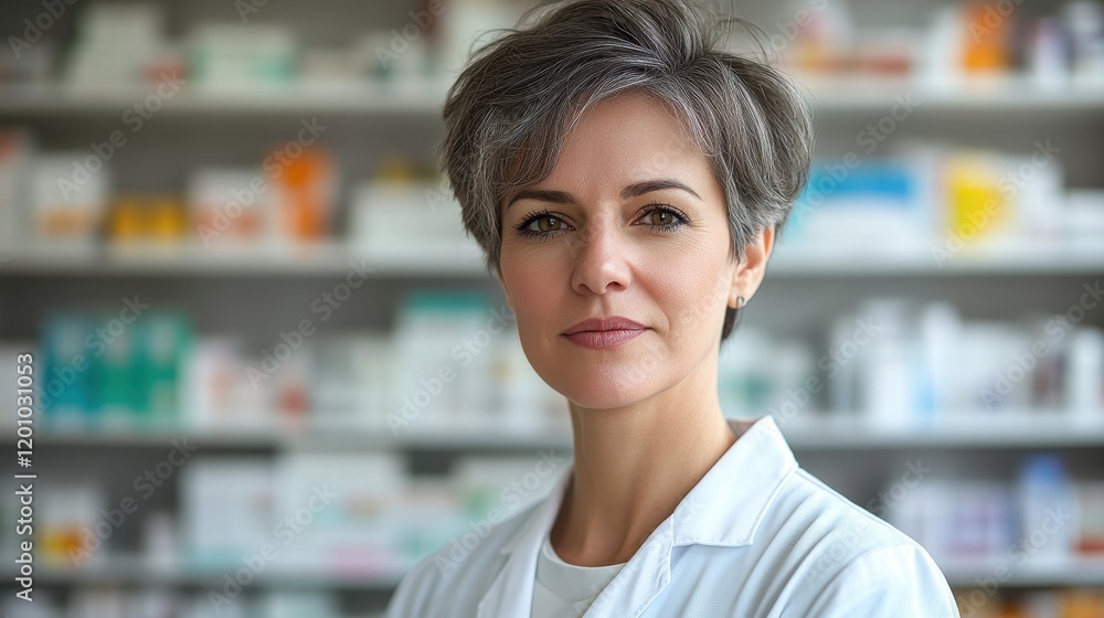 Professional Portrait of a Pharmacist with Short Hair and White Coat Professional Portrait of a Pharmacist with Short Hair and White Coat