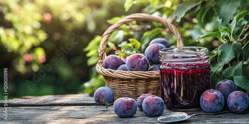 Rustic wooden table with a glass jar of plum jam and a woven basket filled with fresh plums surrounded by green foliage in a sunlit garden