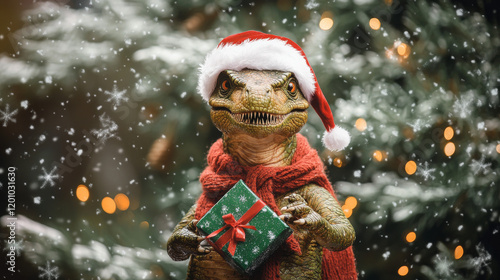 Dinosaur Christmas greetings, funny dino Santa with gift for winter holiday, cartoon vector. Jurassic dino lizard or happy dinosaur with Christmas pine tree, snowflakes and gift in candy wrapper