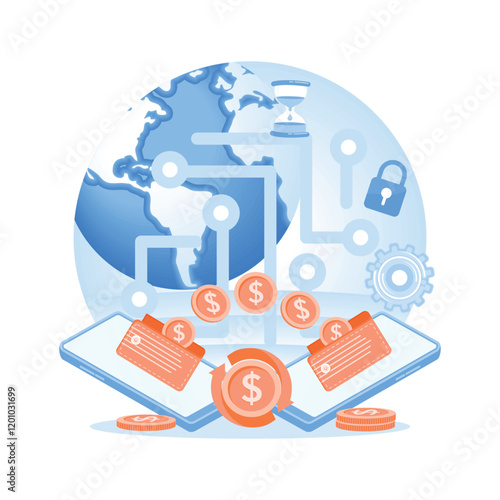 Digital global financial transactions with wallets and security elements.