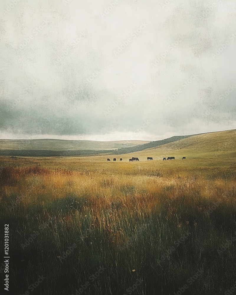 Echoes of the Earth , Serene Meadow Under Cloudy Sky on Earth Echoes of the Earth , Serene Meadow Under Cloudy Sky on Earth