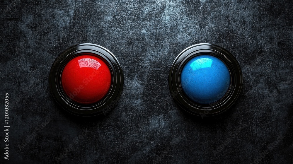Minimalist Top View of Red and Blue Buttons on Dark Background Minimalist Top View of Red and Blue Buttons on Dark Background