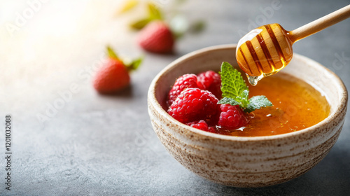 Honey-Drizzled Berry Bowl: Summer's Sweetest Delight, Upscaled Image for Vibrant, Fresh Food         photo