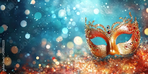 Glittering carnival mask positioned on the right side against a blurred blue and orange bokeh background with sparkling light effects photo