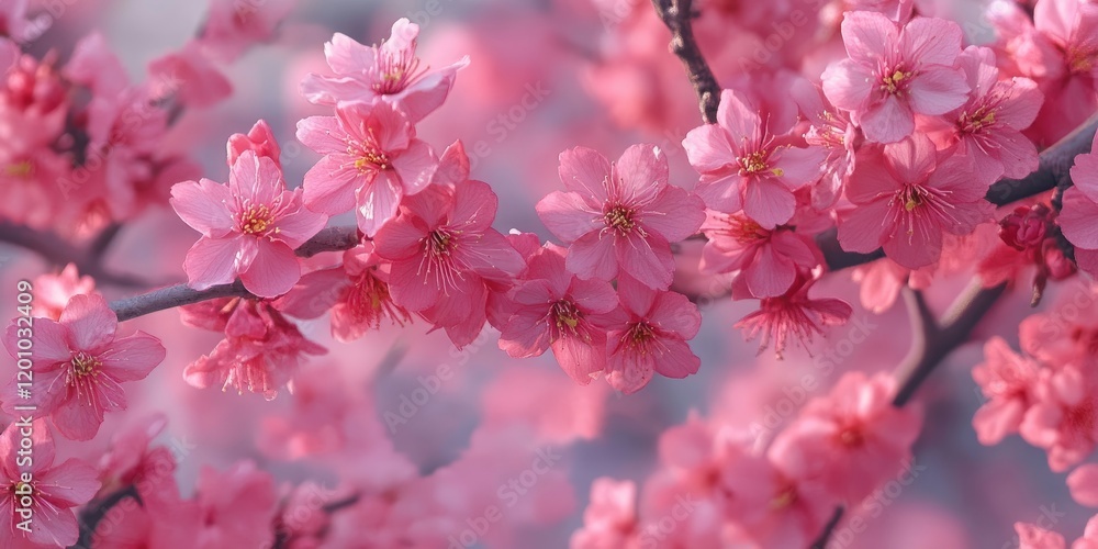 Delicate pink cherry blossoms in full bloom, softly clustered on thin branches against a blurred light background, evoking spring tranquility. Delicate pink cherry blossoms in full bloom, softly clustered on thin branches against a blurred light background, evoking spring tranquility.