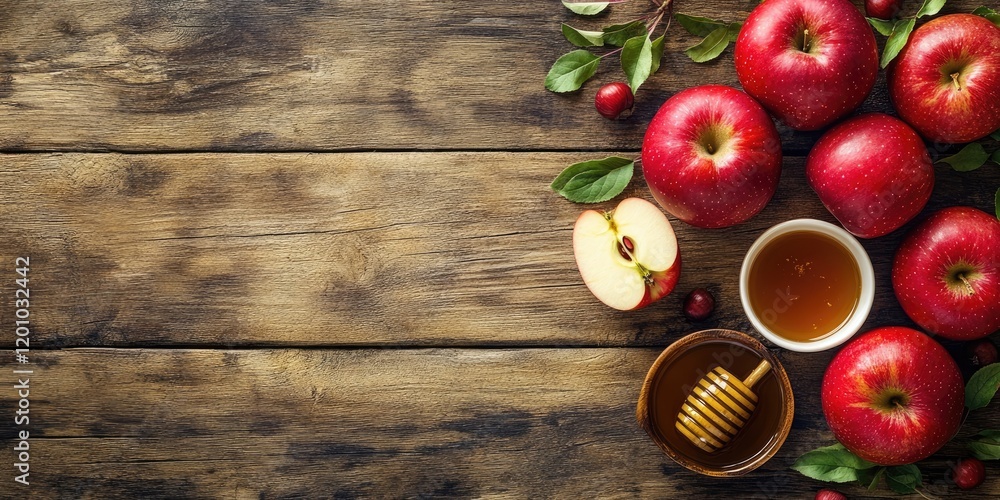 Fresh red apples with honey in a brown bowl on a rustic wooden background with green leaves and negative space on the left side Fresh red apples with honey in a brown bowl on a rustic wooden background with green leaves and negative space on the left side