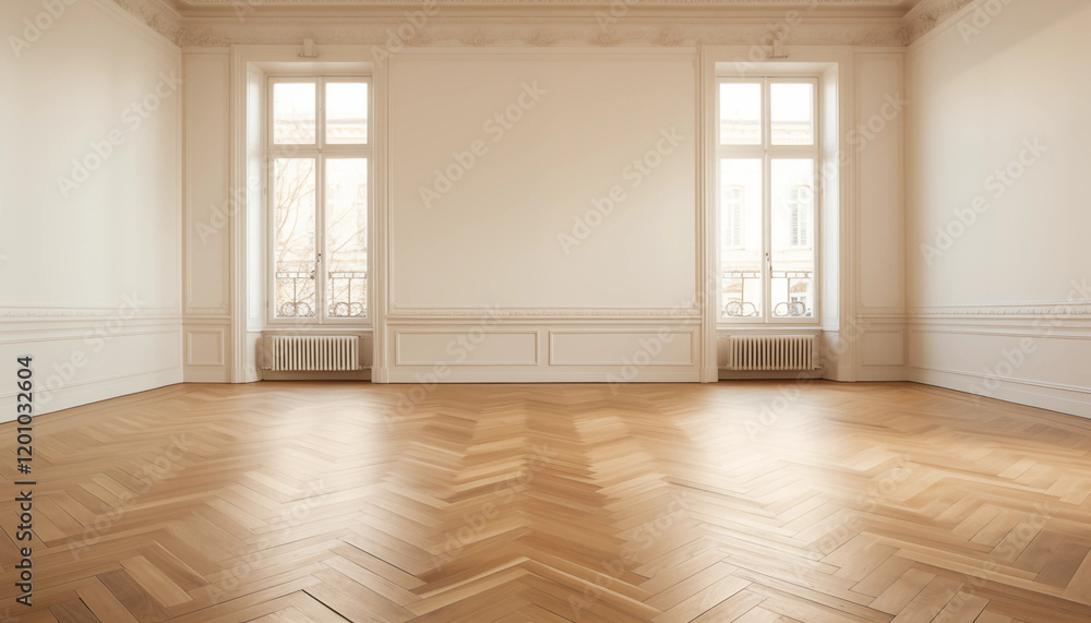 Obraz premium Empty Parisian Apartment Herringbone Wood Floor White Walls Large Windows