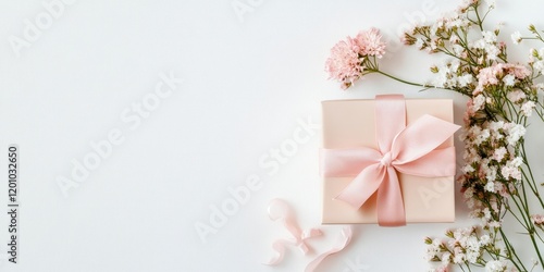 Gift box with soft pastel pink ribbon and delicate flowers on white background, top view flat lay for birthday or wedding celebrations.