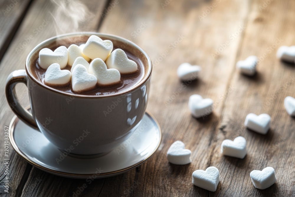 A comforting cup of hot cocoa rests on a wooden table, topped with adorable heart-shaped marshmallows. This delightful treat invites warmth and relaxation, perfect for cold days