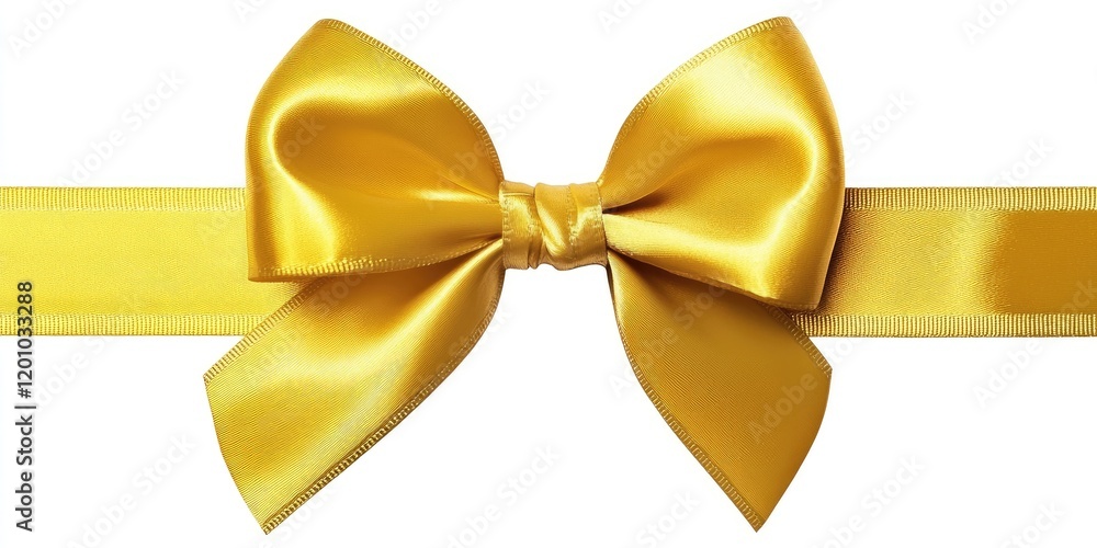 Glossy gold yellow satin bow ribbon centered on a smooth white background with wide tails extending outward giving an elegant gift presentation. Glossy gold yellow satin bow ribbon centered on a smooth white background with wide tails extending outward giving an elegant gift presentation.