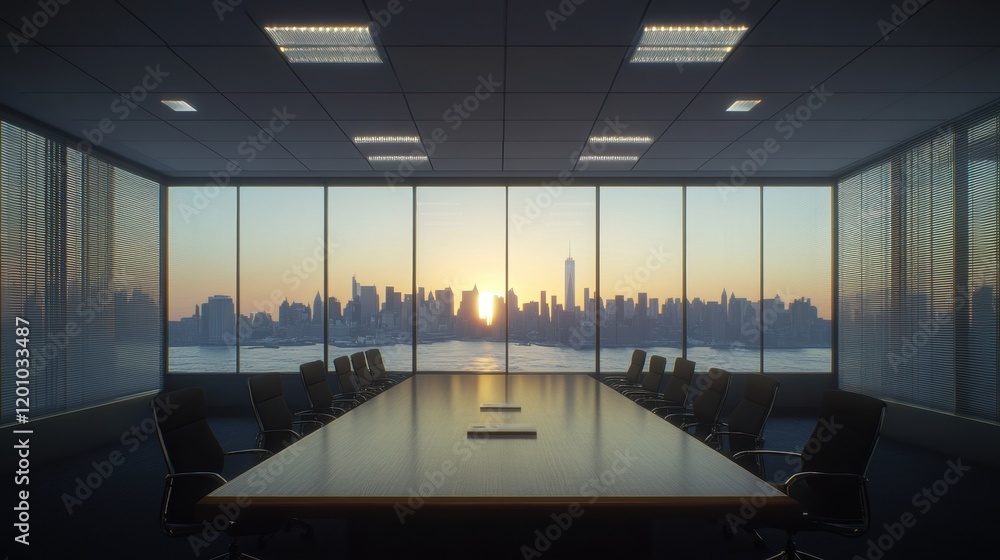 Modern Office Meeting Room with City Skyline at Sunset Modern Office Meeting Room with City Skyline at Sunset