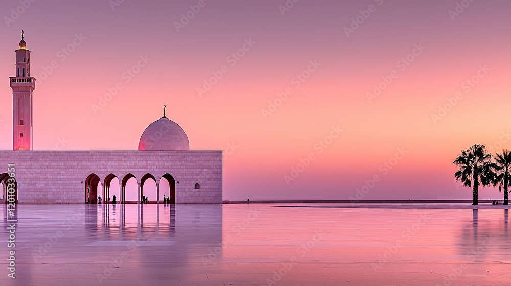 Obraz premium Mosque sunset reflection, peaceful serenity.