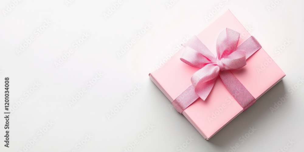 Pink gift box with a light pink ribbon positioned top left on a white background, ideal for birthday celebrations and gift-giving themes. Pink gift box with a light pink ribbon positioned top left on a white background, ideal for birthday celebrations and gift-giving themes.