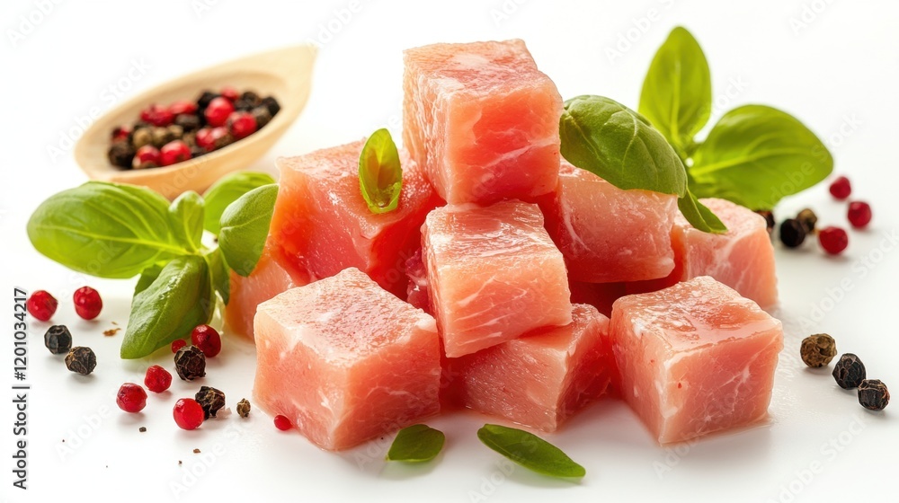 Fresh Pink Tuna Cubes with Green Basil and Colorful Peppercorns Fresh Pink Tuna Cubes with Green Basil and Colorful Peppercorns