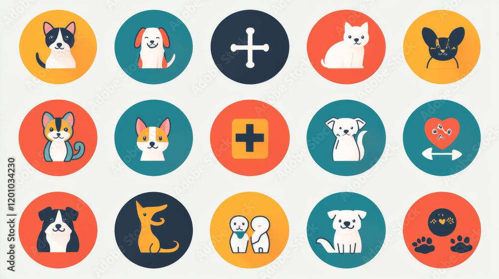 Pet clinic icons of veterinary medicine with vector animals and birds. Dog, cat and parrot with paw and medical cross silhouettes. Veterinarian care, vet hospital, pet shop and clinic emblems set Pet clinic icons of veterinary medicine with vector animals and birds. Dog, cat and parrot with paw and medical cross silhouettes. Veterinarian care, vet hospital, pet shop and clinic emblems set