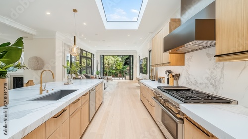A bright and airy modern kitchen featuring a skylight, soft close cabinets, and a blend of natural and synthetic materials.