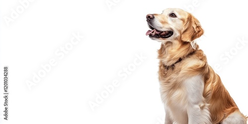 Cheerful golden retriever sitting side profile on white background with light golden fur and a joyful expression, tail slightly raised photo