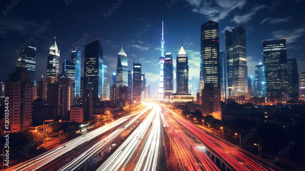 Dynamic Night Cityscape with Illuminated Skyscrapers Dynamic Night Cityscape with Illuminated Skyscrapers