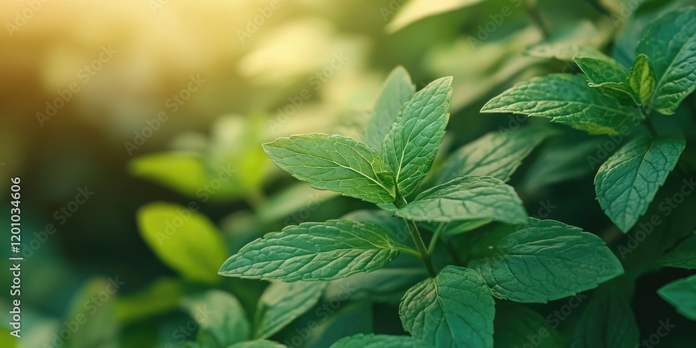 Vibrant green peppermint leaves in a clustered arrangement with soft sunlight backdrop in a spacious backyard setting featuring blurred greenery Vibrant green peppermint leaves in a clustered arrangement with soft sunlight backdrop in a spacious backyard setting featuring blurred greenery